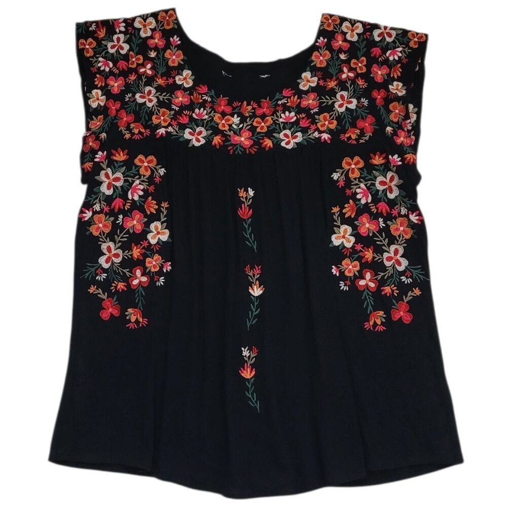 Savanna Jane Boho Floral Embroidered Flutter Sleeve Top Black Small Cottagecore